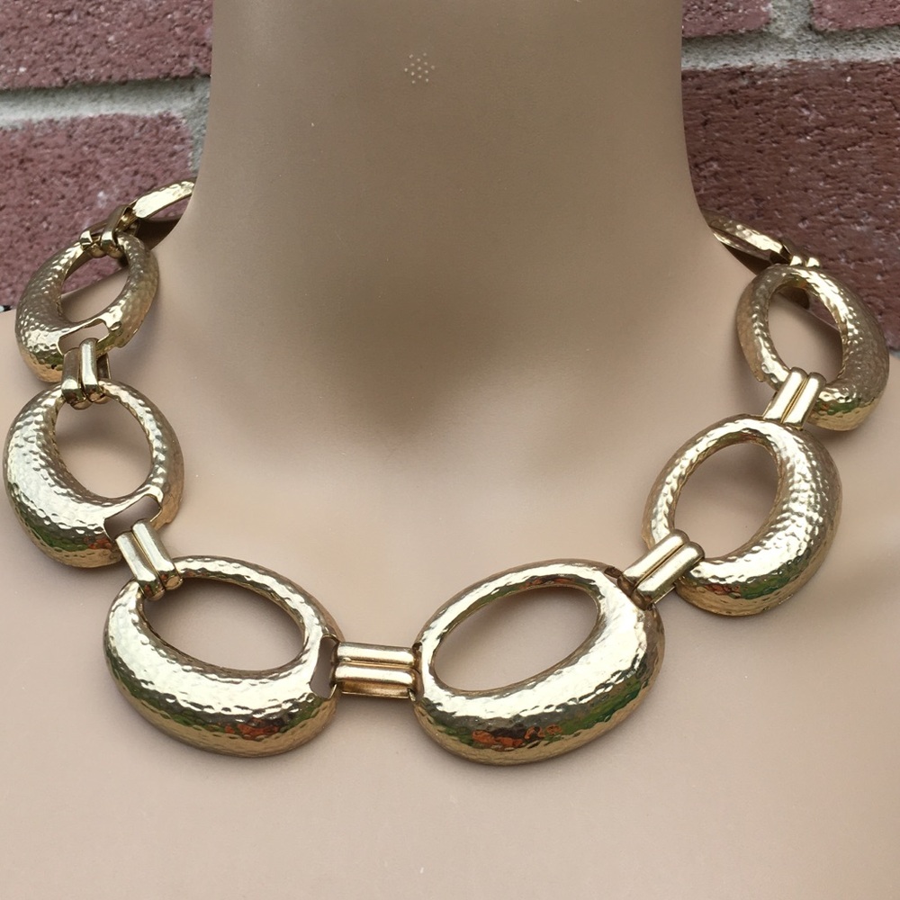 Vintage Gold Tone Textured Bold Hammered Link Necklace, Bill Blass Hangtag